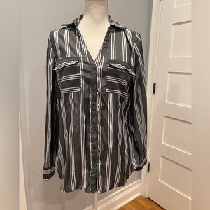 New York & Company Charcoal and White Striped Shirt Size M